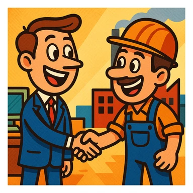 cartoon style office worker shaking hands with factory worker, large heads, exaggerated emotions sticker