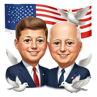 John F. Kennedy and Mikhail Gorbachev side by side, smiling, friendly diplomatic atmosphere, small peace symbol and doves, US and USSR flags as accents sticker