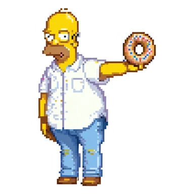 Homer Simpson pixel art style, yellow skin, bald head with two hairs, white shirt, blue pants, holding a donut sticker