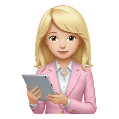 Long blonde wavy hair girl with a strait fringe and using a light pink suit working in a tablet sticker