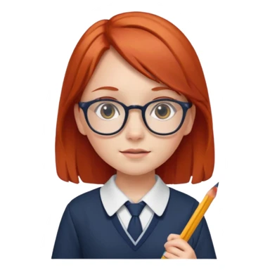 red long hair girl kid with glasses → holding a pencil with school uniform sticker