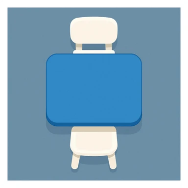 Create a simple and clear top view emoji of a desk and two chairs inspired by the reference image. The desk should be blue and the chairs white, with no extra objects. Maintain a clean and minimal style. sticker