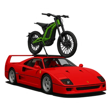 Replace the two bikes with one Sur-Ron electric bike with a green frame, mounted on the roof rack of the Ferrari F40. Keep the background transparent. sticker