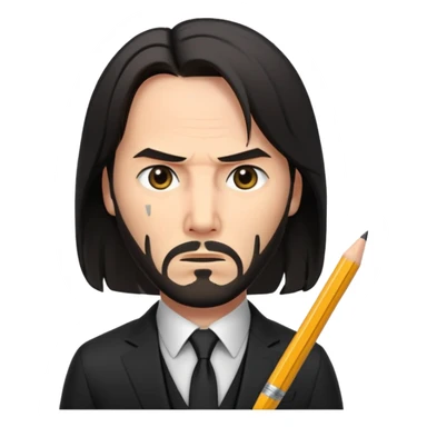 john wick as an apple-style emoji, action pose, holding a pencil, intense eyes, black suit sticker