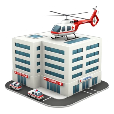 3d hospital outside, with text hospital, ambulance, helicopter , no background sticker