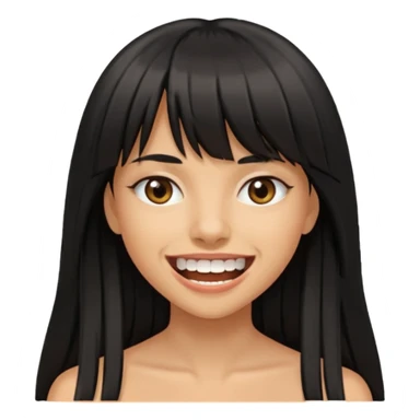 Woman a little tan with long black hairs and bangs, appearing teeth sticker