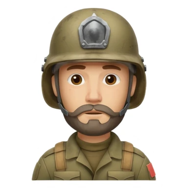a very tired soldier in a helmet, helmet without insignia, with a beard sticker