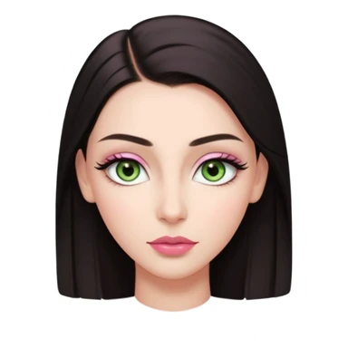 Front-facing portrait of a young woman with fair glowing skin, symmetrical features, light green almond-shaped eyes, long lashes, soft arched brows, straight refined nose, and full natural pink lips. Dark sleek hair pulled back with a middle part.  sticker
