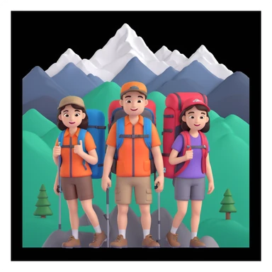 back packer couple posing, mountains in background,   close up pose sticker