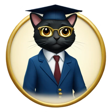 The student is a black-furred cat in gold glasses, a dark blue suit and a square academic dark blue cap sticker