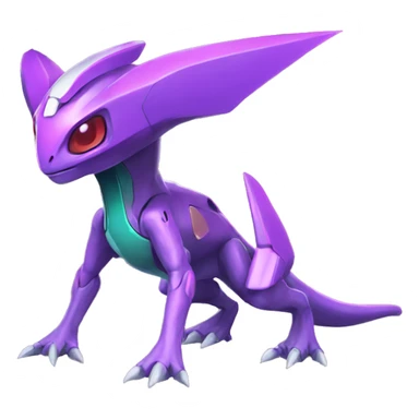 a shiny colorful Genesect-Raptor-Fakémon—hybrid with a futuristic visor-helmet full body sticker