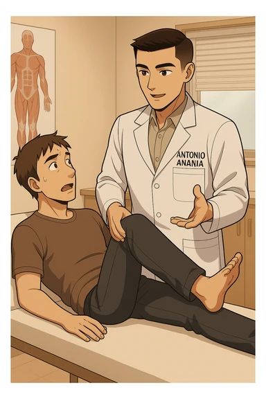 fai un webtoon manga a colori con questo stile, in cui un uomo è steso sul lettino medico e il kinesiologo con il camice bianco (fagli anche la scritta "ANTONIO ANANIA" SUL CAMICE, gli solleva una gamba per fargli il test neuromuscolare, IL KINESIOLOGO SPIEGA ALL'UOMO UNA cosa mentre gli alza la gamba. non fare i fumetti però, fai solo in modo che sembri stiano parlando, il lettino fai in modo che si veda tutto intero sticker