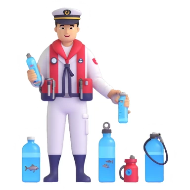 Oceanologist sailor from Vladivostok with scientific instruments, CTD sensor, water sampling bottles, and marine life sticker