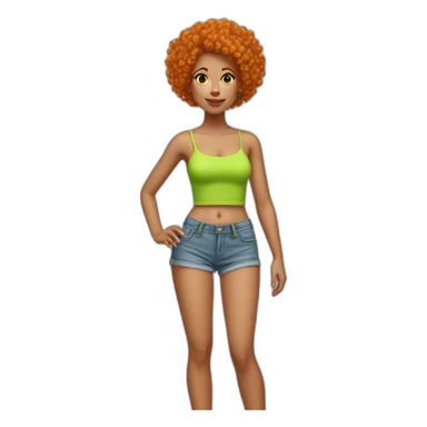 Woman with very short orange curly hair wearing a lime green tube top and very short jean shorts sticker