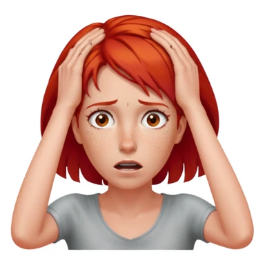 A realistic waist-up portrait of a frightened woman with her hands on her head and red hair sticker