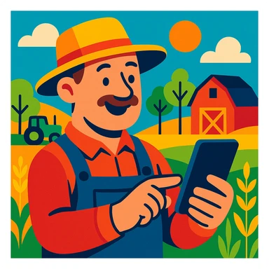 A farmer holding a smartphone, modern rural technology, simple background, vibrant colors. sticker
