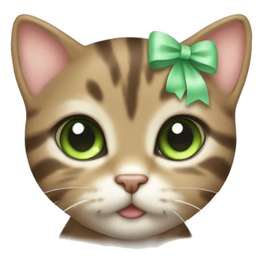 kawaii brown tabby kitten with green eyes and pastel green bow sticker