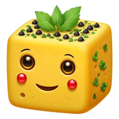 khaman dhokla, spongy yellow Indian snack, cut into cubes, garnished with mustard seeds and coriander, emoji style sticker