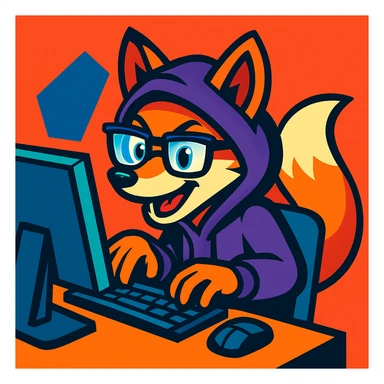 clever fox programmer-hacker wearing a hoodie and glasses, sitting at a computer, cartoon style, bright colors, dynamic pose, focus on the fox, minimalist background sticker