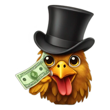 chicken smoking a cigar, wearing a top hat, holding money bag sticker