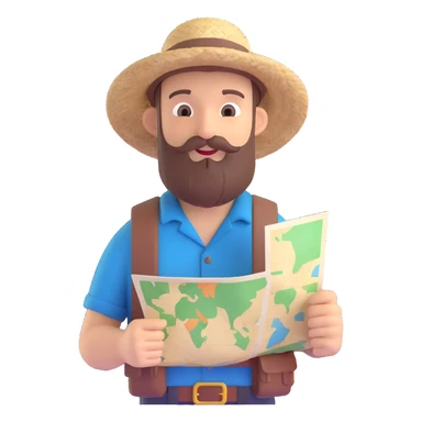 bearded traveler with a straw hat, holding a map, casual outfit sticker