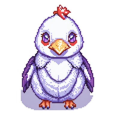 a chicken-pig-penguin hybrid with red teeth and a purple nose, pixel art style sticker
