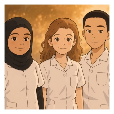 Illustrate four nursing students side by side in a warm atmosphere, wearing short-sleeved white uniforms without undershirts or stethoscopes, inspired by the four provided faces, in Ghibli style. sticker