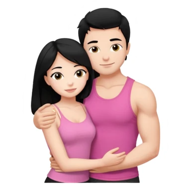 a pretty bratz fair girl. black hair, wearing a pink cami top, she is hugging a handsome fair guy with black hair. lean but muscular. is wearing a black tshirt sticker