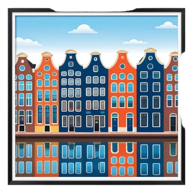 Cinematic Realistic Amsterdam Canal Houses Landmark Emoji, featuring narrow, gabled facades in vibrant colors reflecting on the calm canal waters. sticker