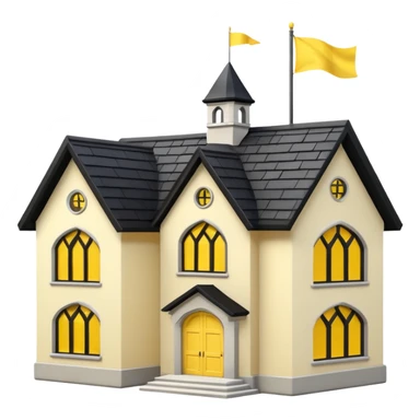 simple magic school, low detail, white background, magic school, black roof, with a big flag, big flag on a roof, big yellow flag, white school sticker
