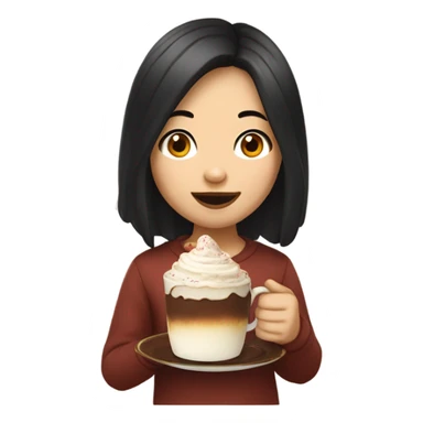 An Asian girl with black slightly wavy hair with no bangs enjoying a piece of victoria cake with a cup of hot chocolate sticker