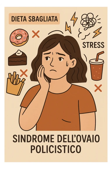 Donna con sindrome dell'ovaio policistico, dieta sbagliata e stress crescente, espressione preoccupata, simboli di errori alimentari, didascalie in italiano, aspect ratio 2:3 sticker