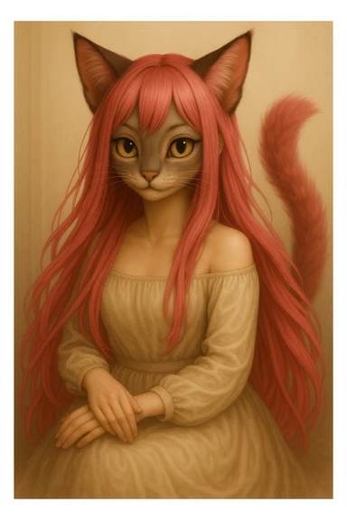Make the hair a bright pink shade, maintaining the realistic anime catgirl look with strong cat-like features, preserving the style and details. sticker