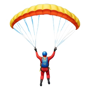 A base jumper soaring through the sky, with a brightly colored parachute open. The backdrop features breathtaking mountain peaks, lush valleys, and a vast blue sky dotted with clouds. The scene captures the thrill and freedom of jumping from great heights into the open air. sticker