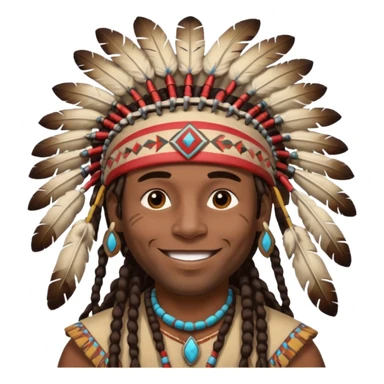 Black American man dark brown with dreads with a American Indian headdress with a laughing face sticker