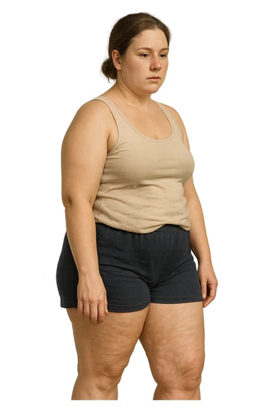 donna con inestetismi evidenti cellulite non troppo grassa e giovani sui 30 anni. in pantaloncini sticker