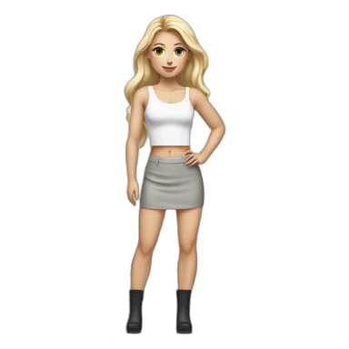 hyperrealist caucasian female with long blonde hair brown eyes white strap low cut tank top gray tight mini skirt black high heeled shoes sticker