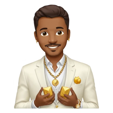 Ralph Tresvant with dark brown hair, white suit jacket, shirtless with necklace sticker