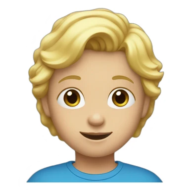 A child with blond hair and a blue T-shirt sticker