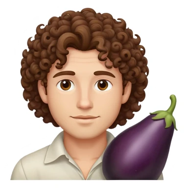 handsome man with curly brown hair and eggplant sticker