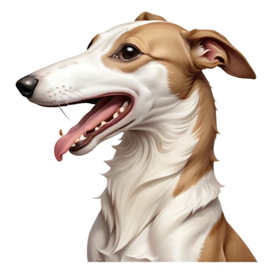 Cinematic Cute Yawning White and Brown Greyhound Portrait Emoji, Head tilted slightly with a dramatic, wide-open yawn, showcasing a pristine white Fur with bold brown markings, floppy ears slightly drooping, round eyes barely open in drowsy contentment, Simplified yet irresistibly adorable features, highly detailed, glowing with a soft, cozy glow, high shine, relaxed yet expressive, stylized with a touch of whimsy, bright and endearing, soft glowing outline, capturing the essence of a sleepy yet affectionate companion, so drowsy it feels like it could stretch out of the screen and curl up for a nap! sticker