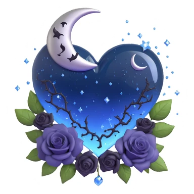 midnight blue glass heart with gothic style, decorated with a silver crescent moon, miniature black roses, glittering stardust, lightning bolt crack, rain droplets, cracked glass effect sticker