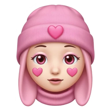 a pastel pink love face emoji with pink hearts in the eyes, pink beanie hat on  sticker