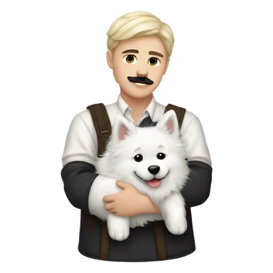 Slavic white boy with black hair and black mustache hugs Samoyed  sticker