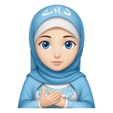 Turkish beautiful finish Konya girl blue eyes with cloudy hijab islamic dress and had on her hand text Eid Mubarak  sticker