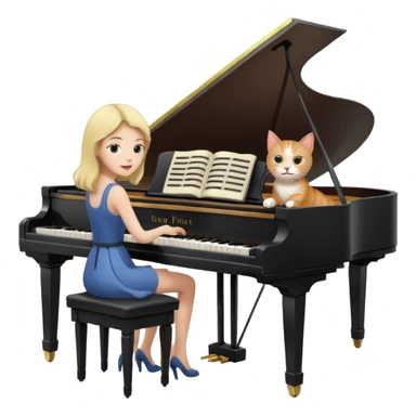 woman playing piano while her cat sits on top of the piano sticker