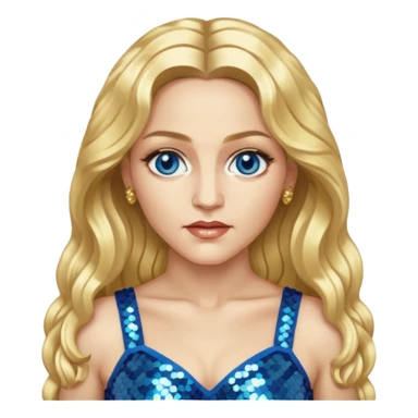 Madonna with blonde long hair, gold sequin crop top, blue eye sticker