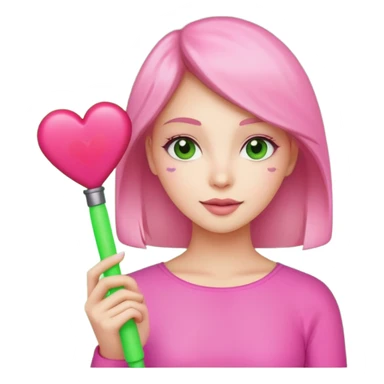 A lovely woman in pink with a square green light stick and with heart sticker