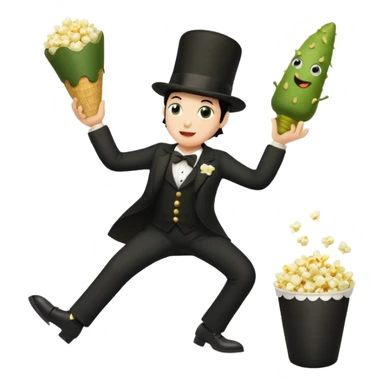 Popcorn cone traffic with legs dancing 3 legs 2 on the floor his 3rd arm is holding his 3rd leg and 1 pickle dipped in ranch on his black top hat sticker