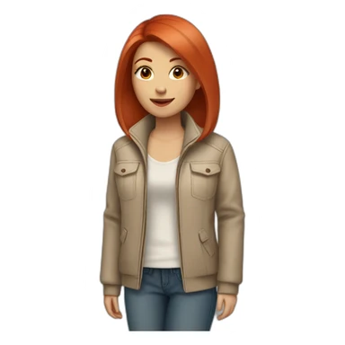 a girl with red straight hair of medium length, wearing a beige jacket and jeans sticker